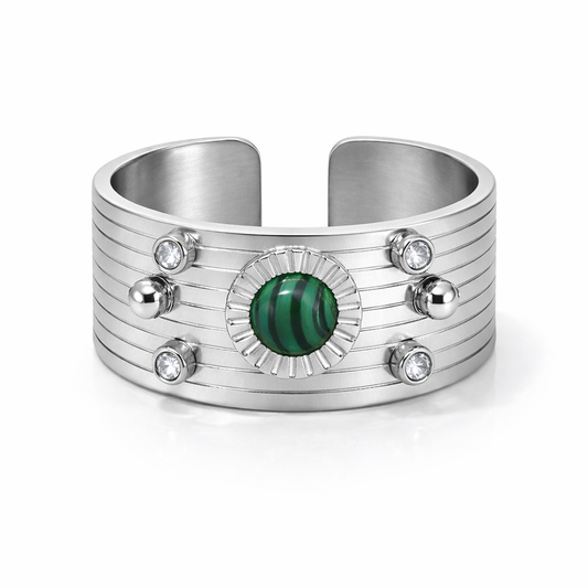 Bague Aurore argentée cocktail large pierre centrale vintage acier inoxydable fond blanc Amalys Paris
