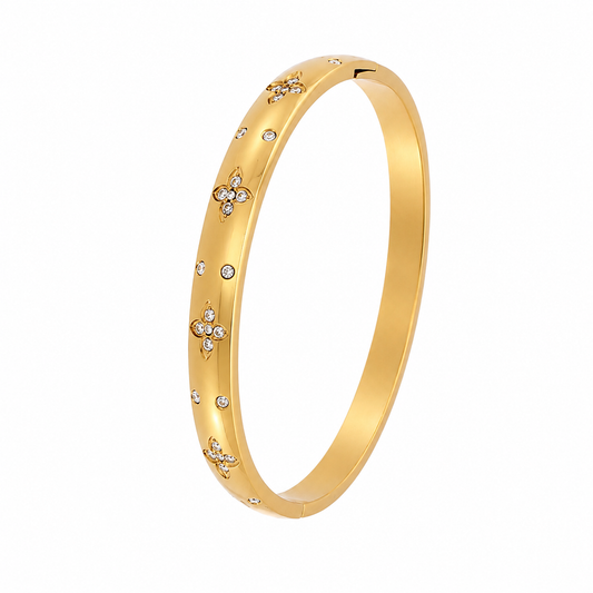 Bracelet Naéline doré motifs floraux zircons féminin acier inoxydable fond blanc Amalys Paris