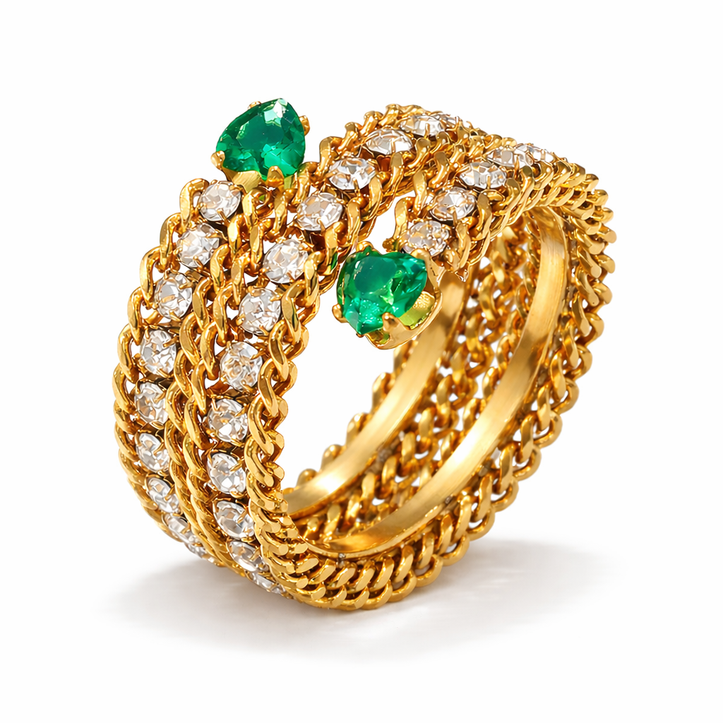 Bague Isabella dorée multi-rangs mailles entrelacées zircon acier inoxydable fond blanc Amalys Paris