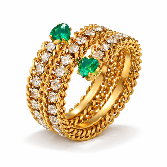Bague Isabella dorée multi-rangs mailles entrelacées zircon acier inoxydable fond blanc Amalys Paris