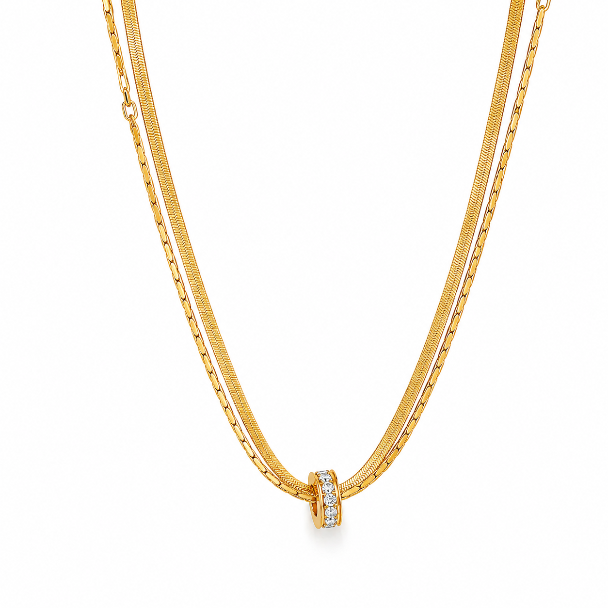 Collier Elyria doré double chaîne anneau zircons minimaliste acier inoxydable fond blanc Amalys Paris