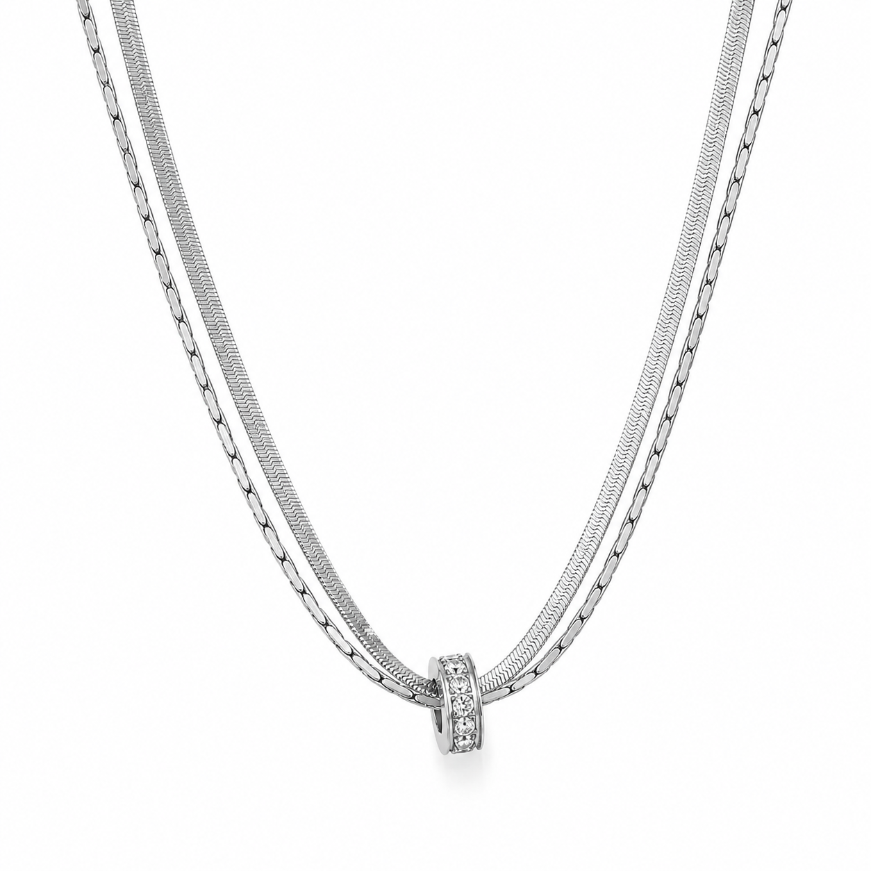 Collier Elyria argenté double chaîne anneau zircons minimaliste acier inoxydable fond blanc Amalys Paris