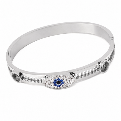 Bracelet Azélie argenté motif œil protecteur zircons acier inoxydable fond blanc Amalys Paris
