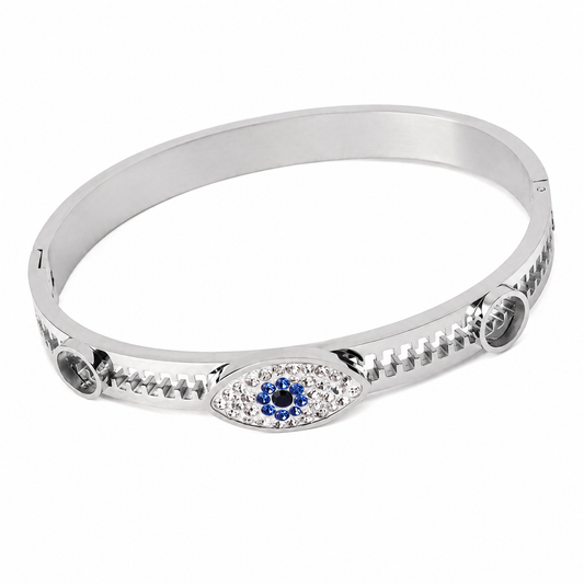 Bracelet Azélie argenté motif œil protecteur zircons acier inoxydable fond blanc Amalys Paris