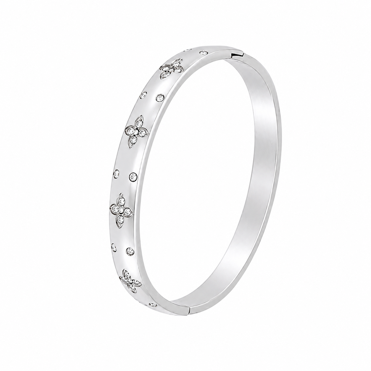 Bracelet Naéline argenté motifs floraux zircons féminin acier inoxydable fond blanc Amalys Paris