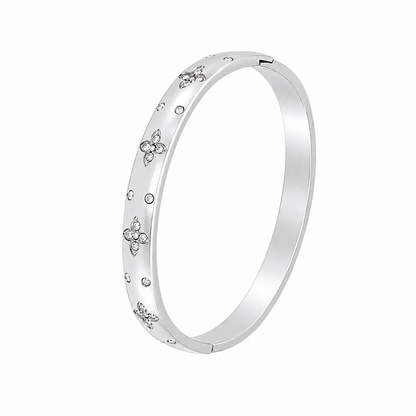 Bracelet Naéline argenté motifs floraux zircons féminin acier inoxydable fond blanc Amalys Paris