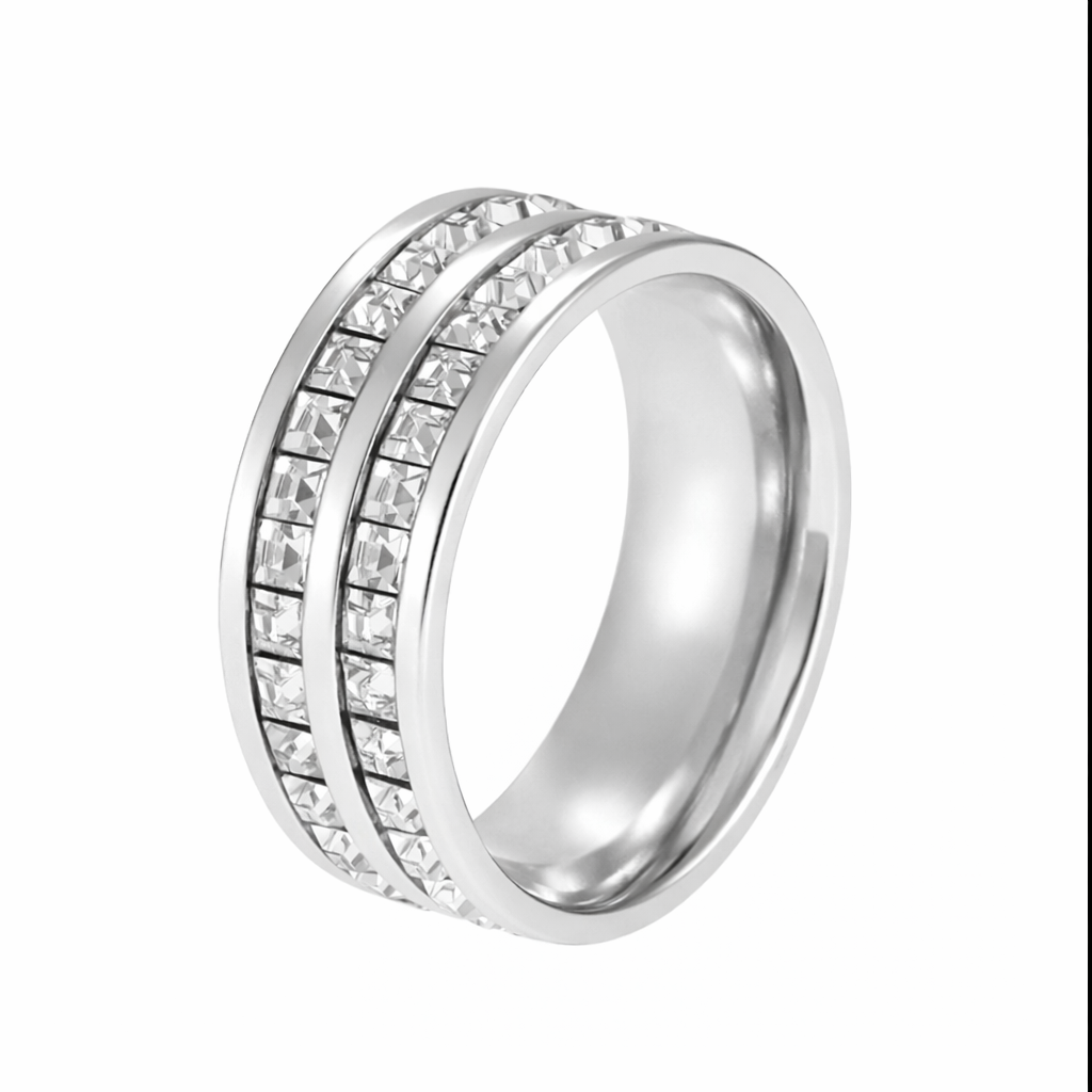 Bague Victoria argentée anneau double rang acier inoxydable fond blanc Amalys Paris