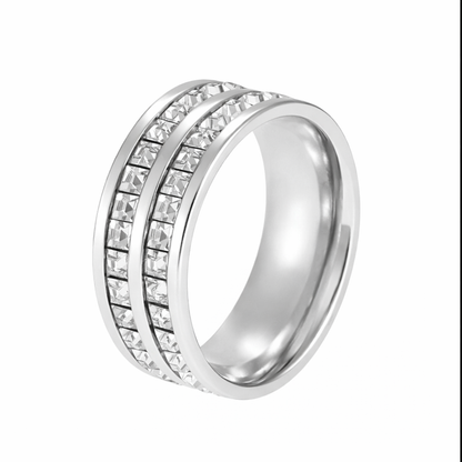 Bague Victoria argentée anneau double rang acier inoxydable fond blanc Amalys Paris