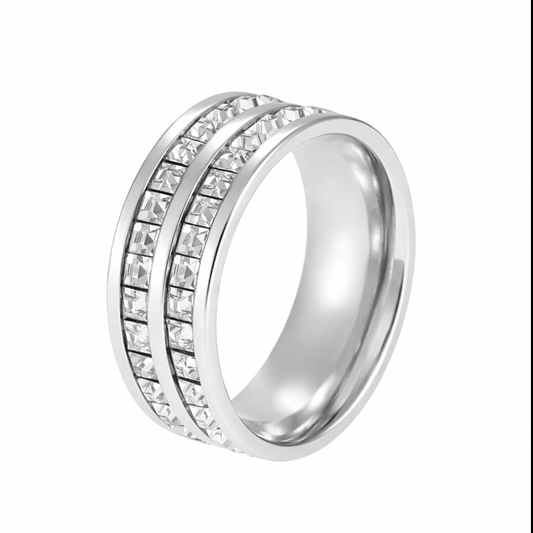 Bague Victoria argentée anneau double rang acier inoxydable fond blanc Amalys Paris