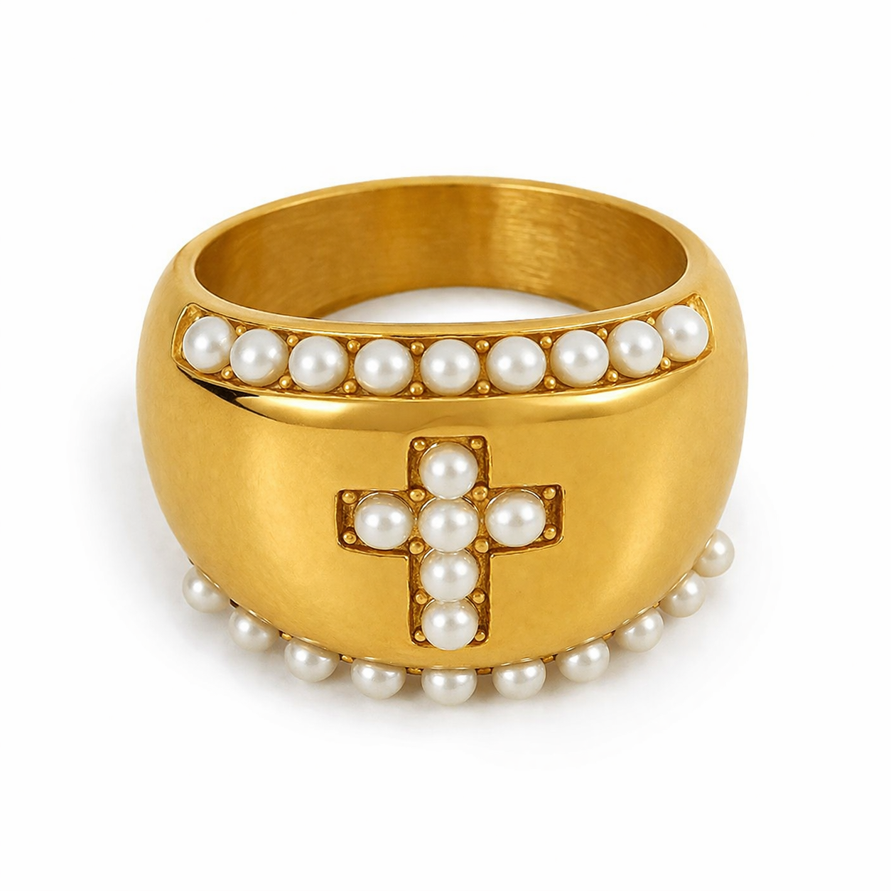 Bague Victoire dorée large perles motif central affirmé acier inoxydable fond blanc Amalys Paris