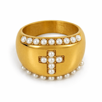 Bague Victoire dorée large perles motif central affirmé acier inoxydable fond blanc Amalys Paris
