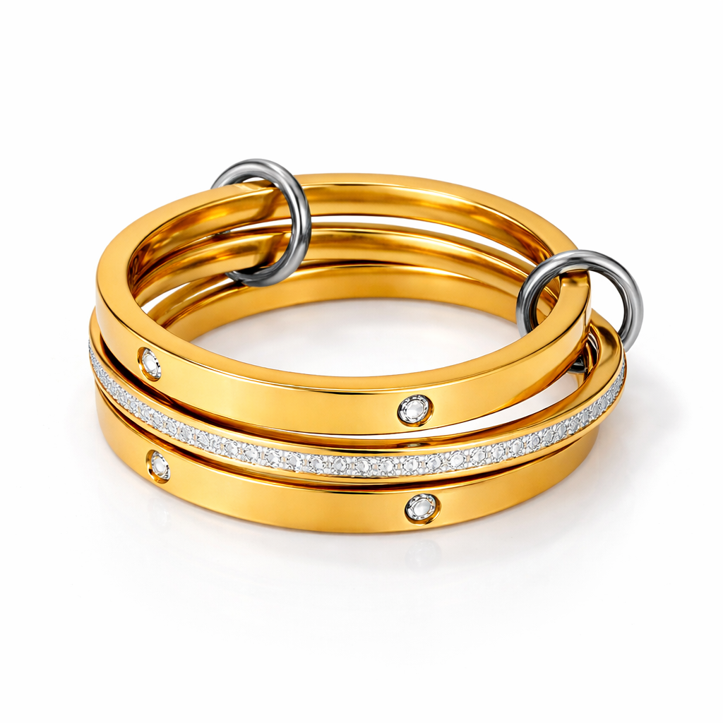 Bague Léonie dorée multi-anneaux entrelacés acier inoxydable fond blanc Amalys Paris