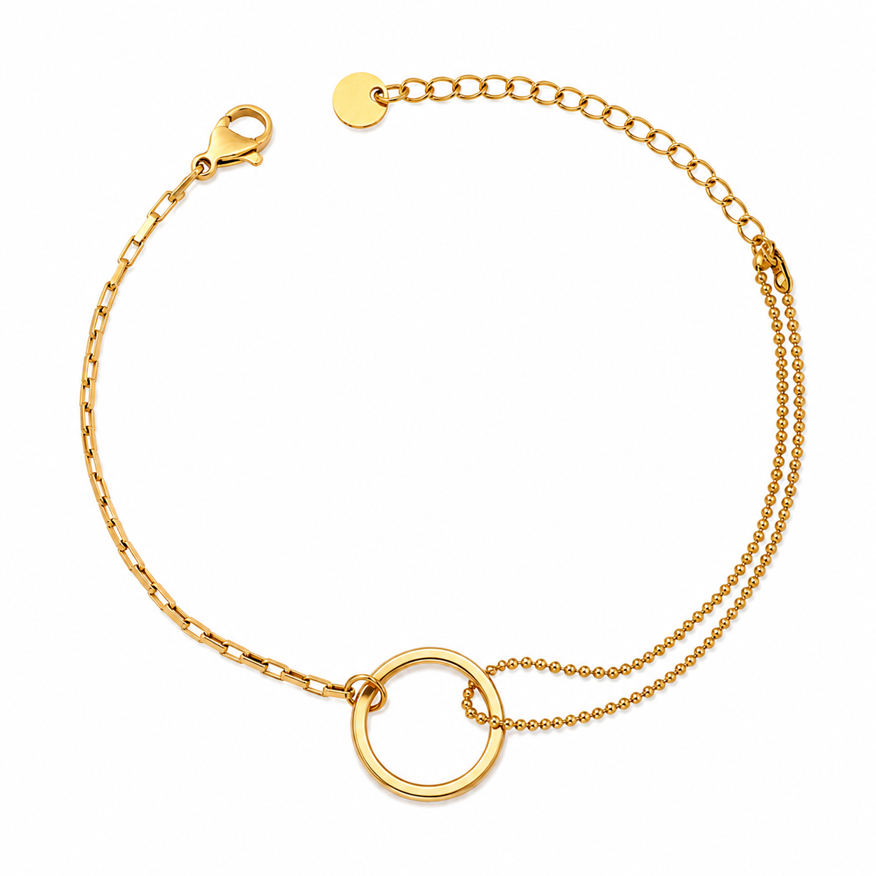 Bracelet Althéa doré double chaîne anneau central minimaliste acier inoxydable fond blanc Amalys Paris