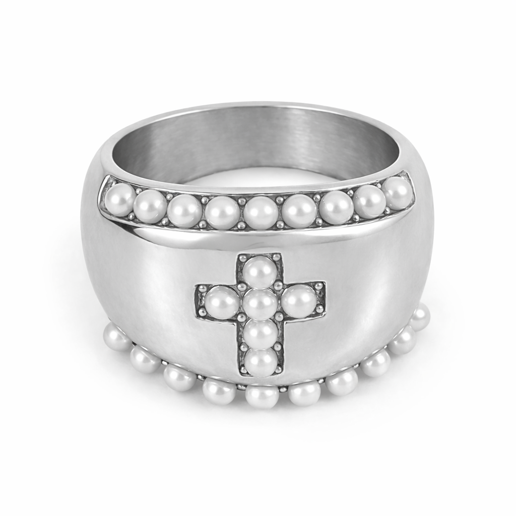 Bague Victoire argentée large perles motif central affirmé acier inoxydable fond blanc Amalys Paris