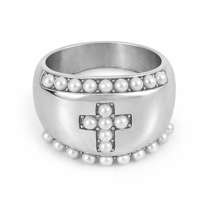 Bague Victoire argentée large perles motif central affirmé acier inoxydable fond blanc Amalys Paris