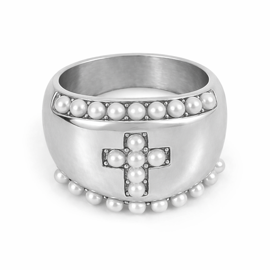 Bague Victoire argentée large perles motif central affirmé acier inoxydable fond blanc Amalys Paris