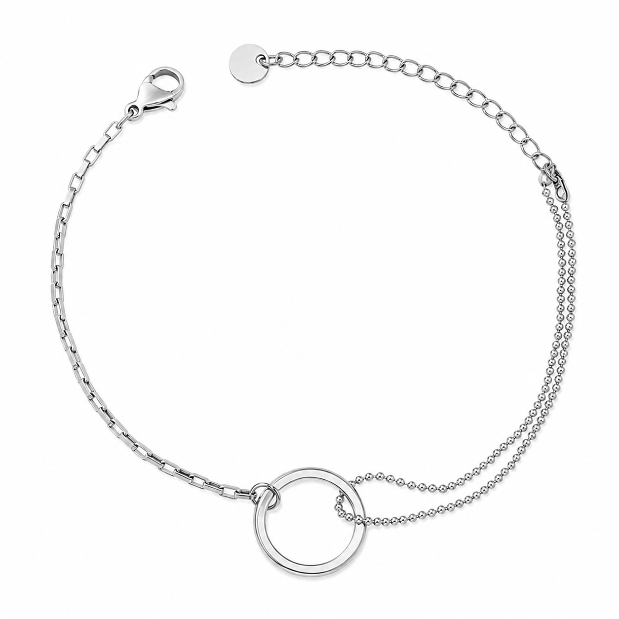 Bracelet Althéa argenté double chaîne anneau central minimaliste acier inoxydable fond blanc Amalys Paris