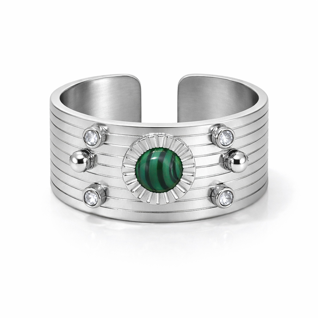 Bague Aurore argentée cocktail large pierre centrale vintage acier inoxydable fond blanc Amalys Paris
