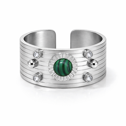 Bague Aurore argentée cocktail large pierre centrale vintage acier inoxydable fond blanc Amalys Paris