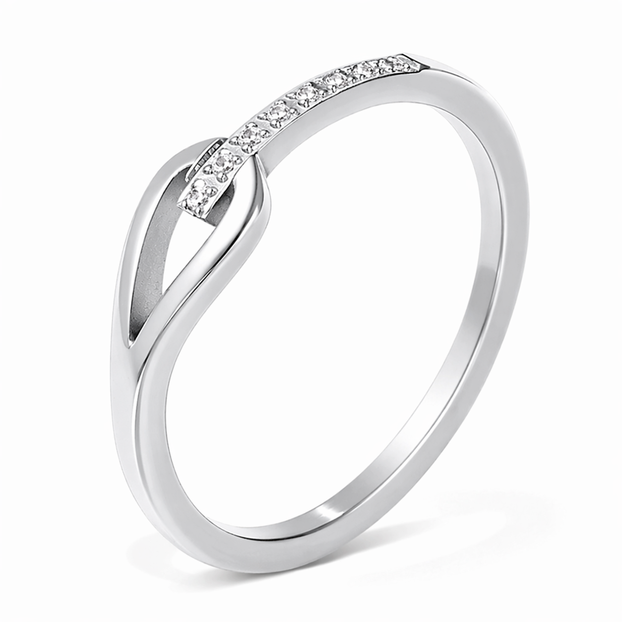 Bague Inès argentée fine croisée zircon pavé acier inoxydable fond blanc Amalys Paris