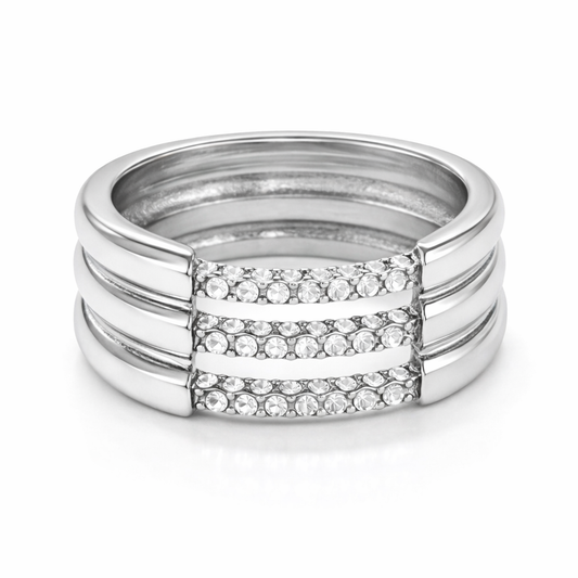 Bague Sophia argentée triple rang empilable acier inoxydable fond blanc Amalys Paris